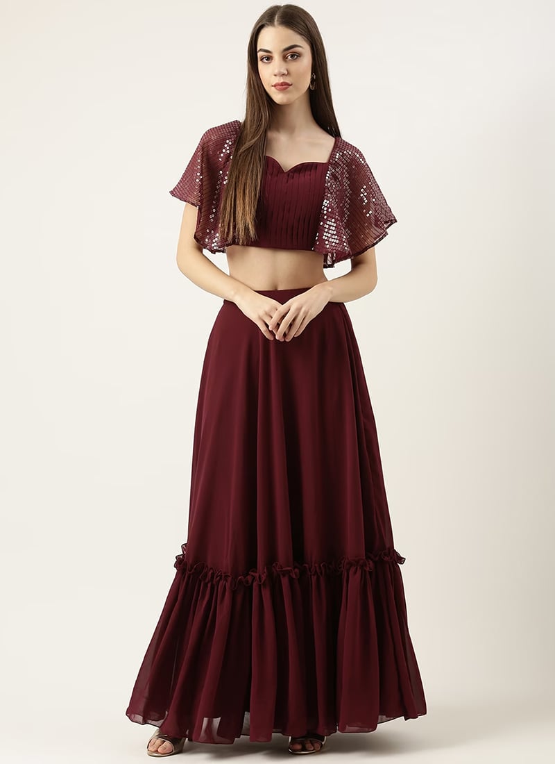 Wine Georgette Embroidered Crop Top Skirt Set Festive Wear