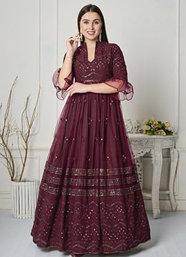 Wine Georgette Embroidered Gown