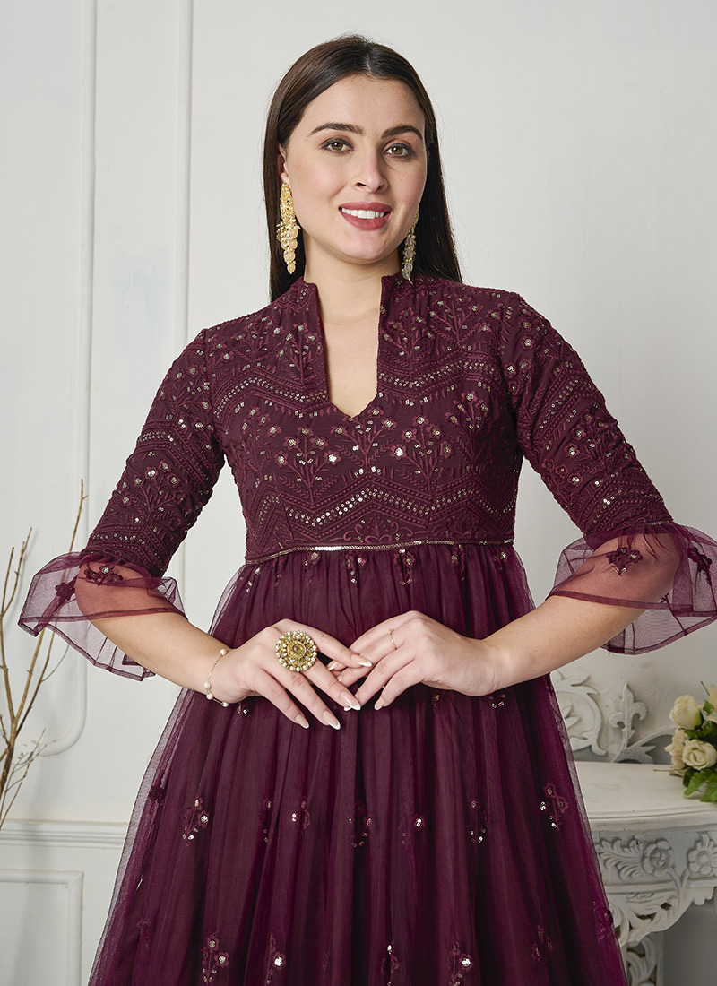 Wine Georgette Embroidered Set Ribbon & Sequin Work Top with Palazzo and Dupatta main image 1