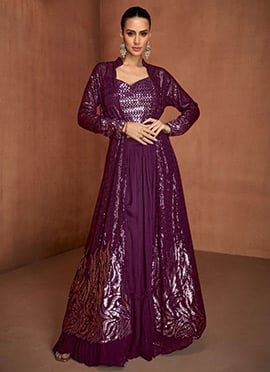 Wine Georgette Embroidered Sequins Indowestern Jacket Palazzo Set