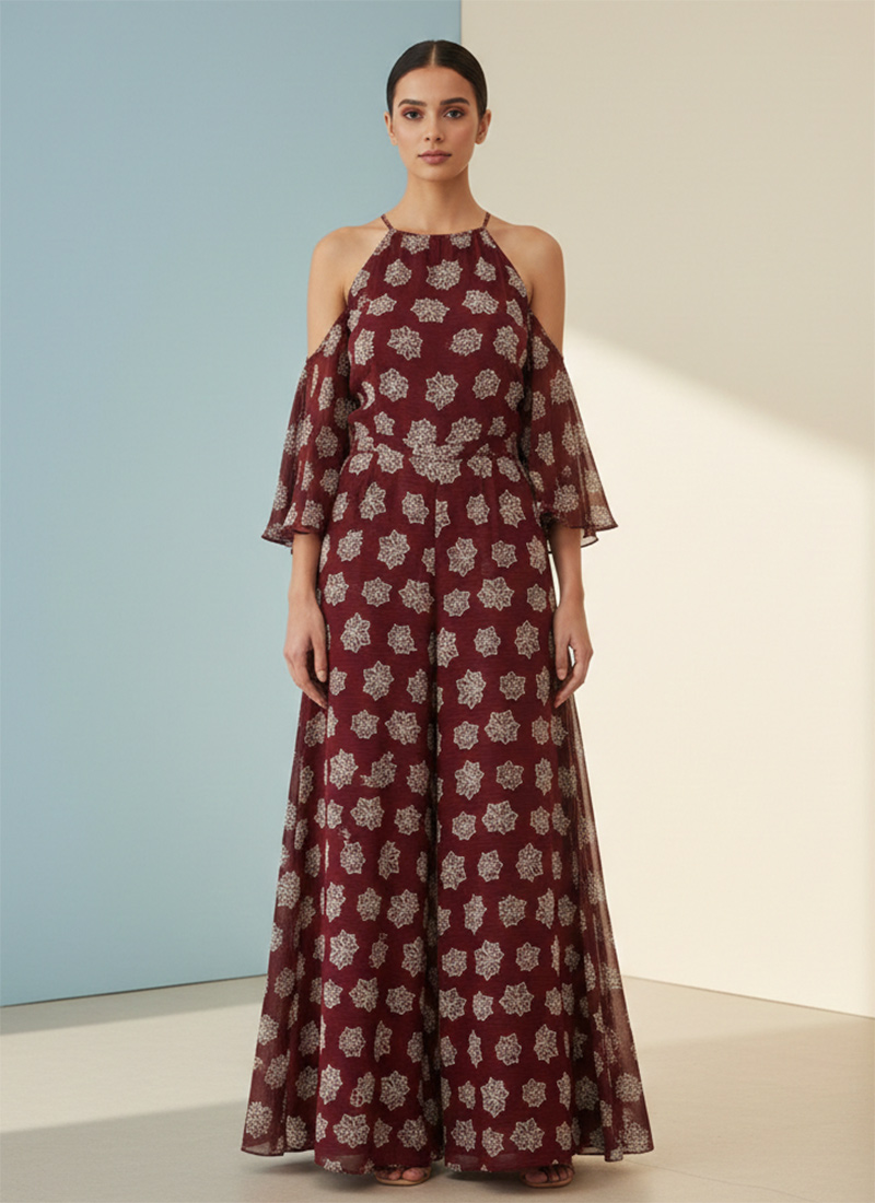 Wine Georgette Indo Western Jumpsuit After Six Wear