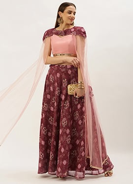 Wine Georgette Printed Cape Lehenga Set