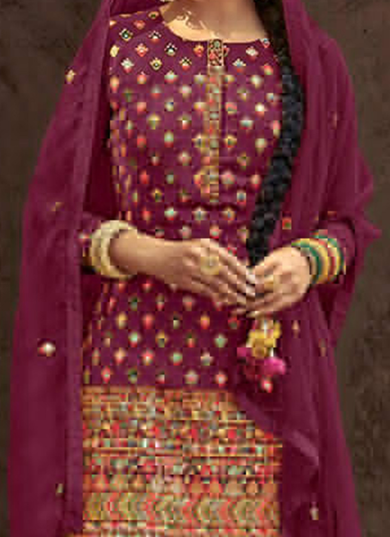 Wine Satin Georgette Chudidar Salwar Suits