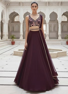 Wine Georgette Stones Beads Hand Embroidered A Line Lehenga
