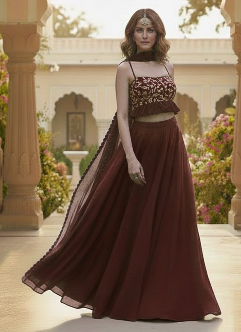 Wine Georgette Zari Sequins A Line Lehenga Wedding Wear