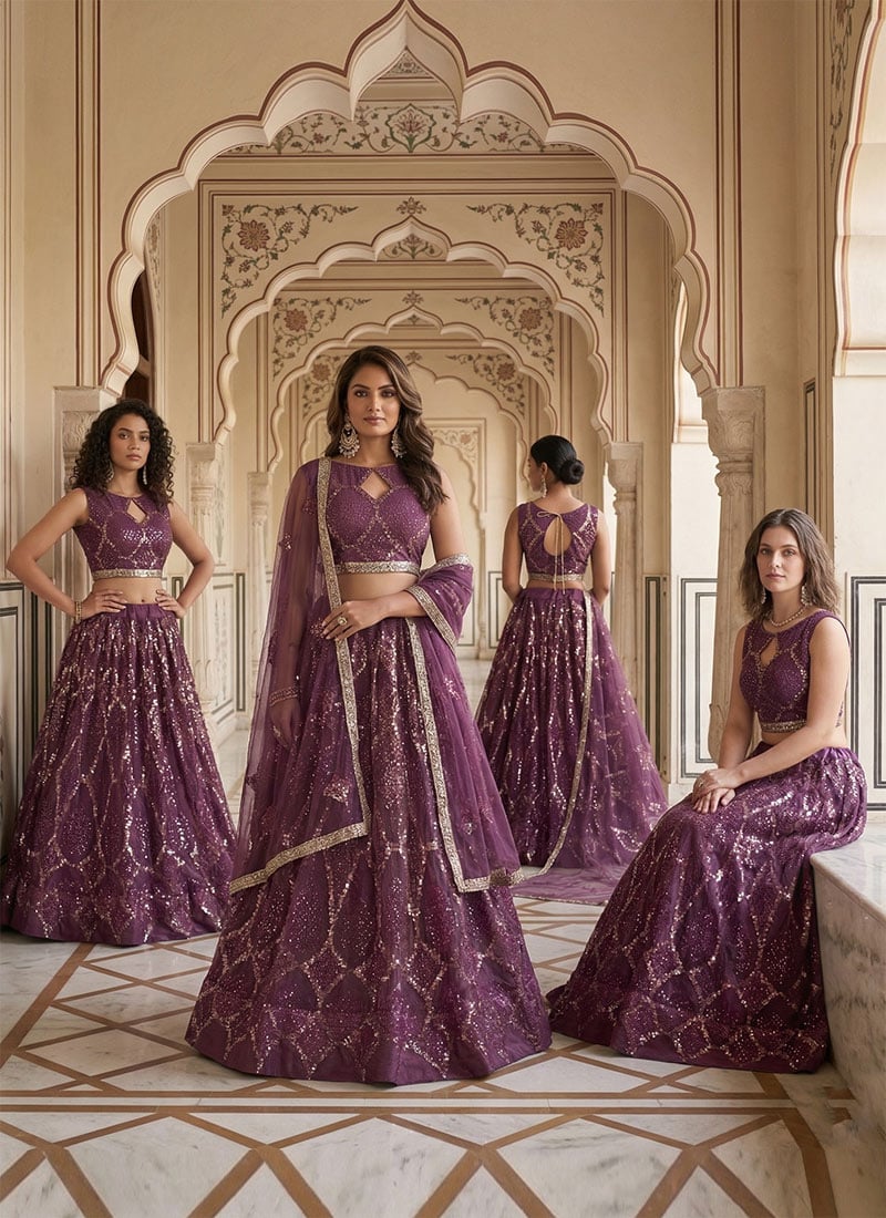Wine Net Embroidered Sequins Stunning Lehenga