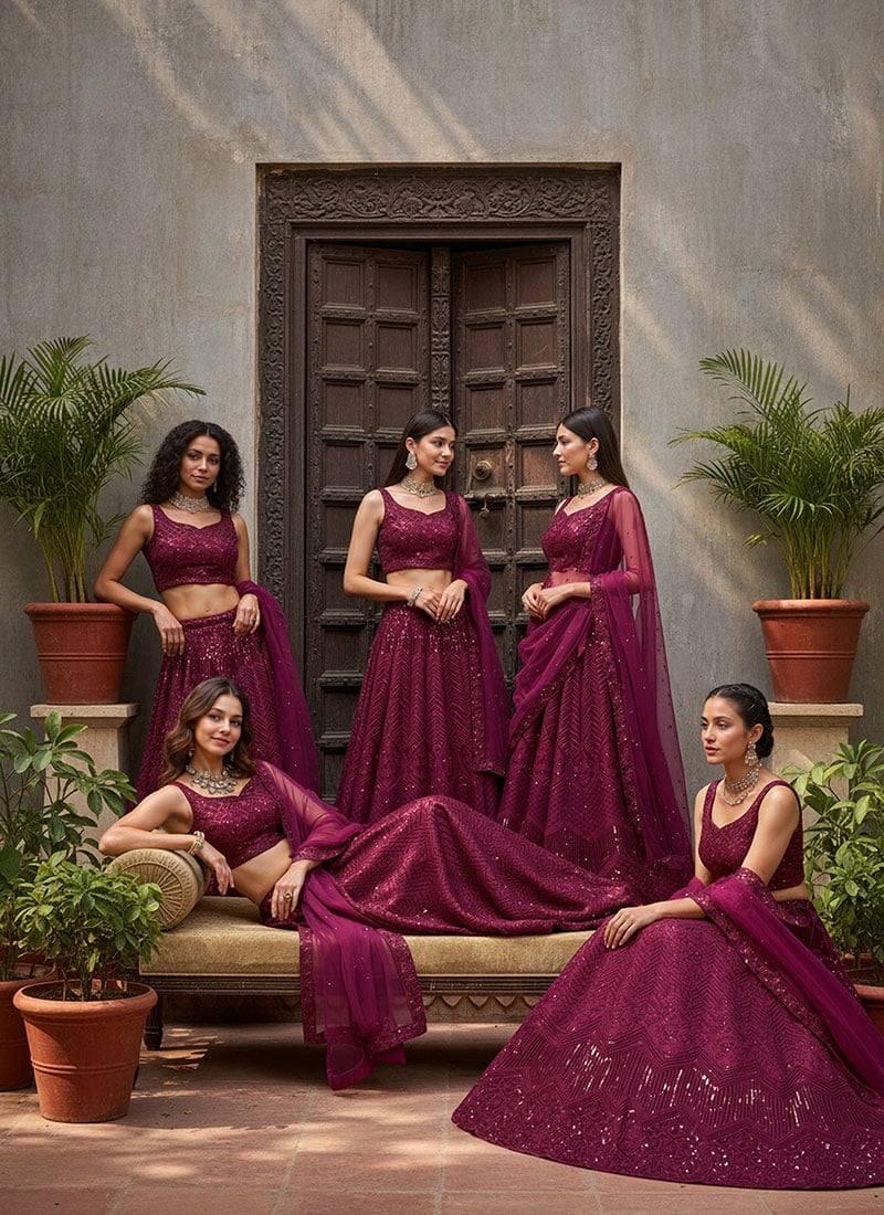 Wine Net Thread Embroidered Sequins Umbrella Lehenga For Bridemaid