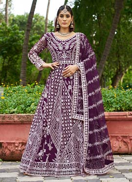 Wine Net Zari Embroidered Anarkali Suit