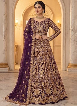 Wine Net Zari Embroidered Sequins With Stone Anarkali Suit