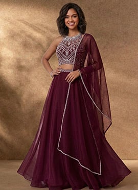 Wine Organza Hand Embroidered Stone Work Lehenga