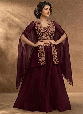 Wine Organza IndoWestern Jacket Skirt Set With Zari And Mirror Work
