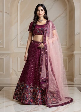 Wine Organza Tissue Zari Embroidered Sequins Lehenga