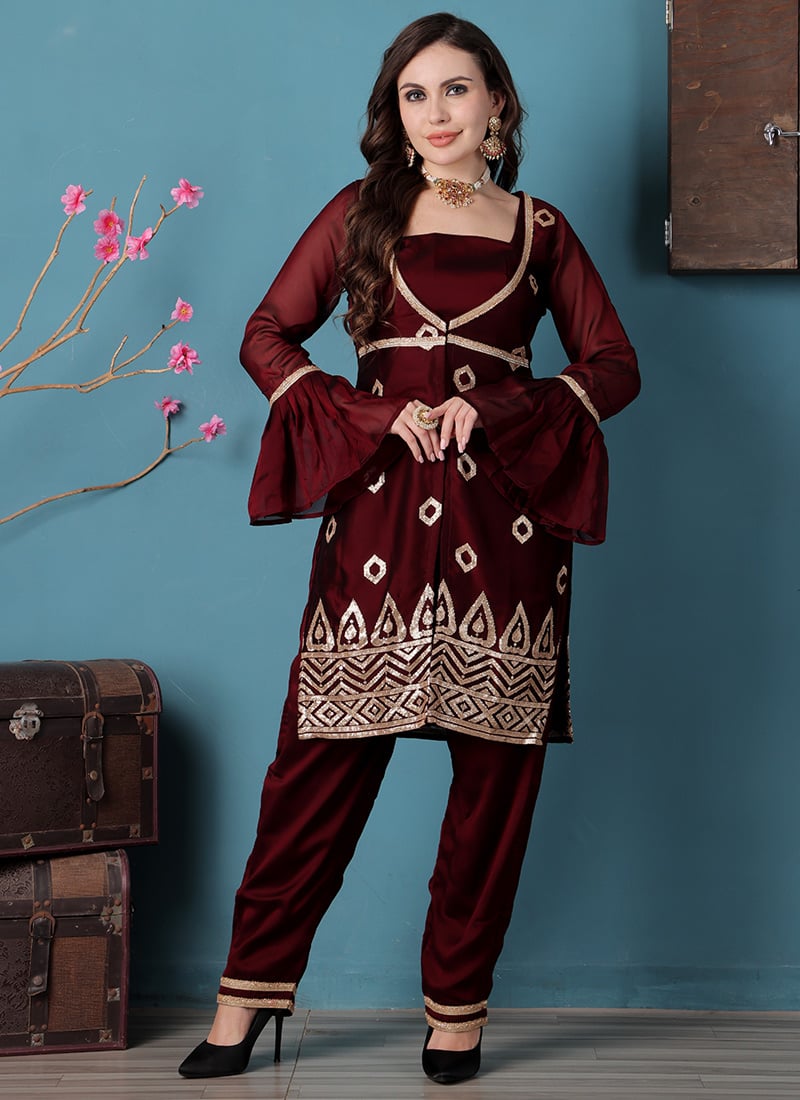Wine Rangoli Indowestern Set With Jacket Party Wear