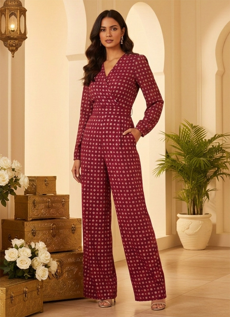 Wine Rayon Indo Western Jumpsuit After Six Wear