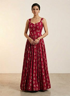 Wine Rayon Printed Maxi Dress