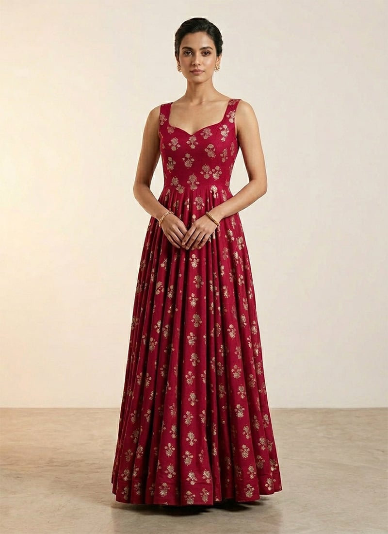 Wine Rayon Printed Maxi Dress After Six Wear