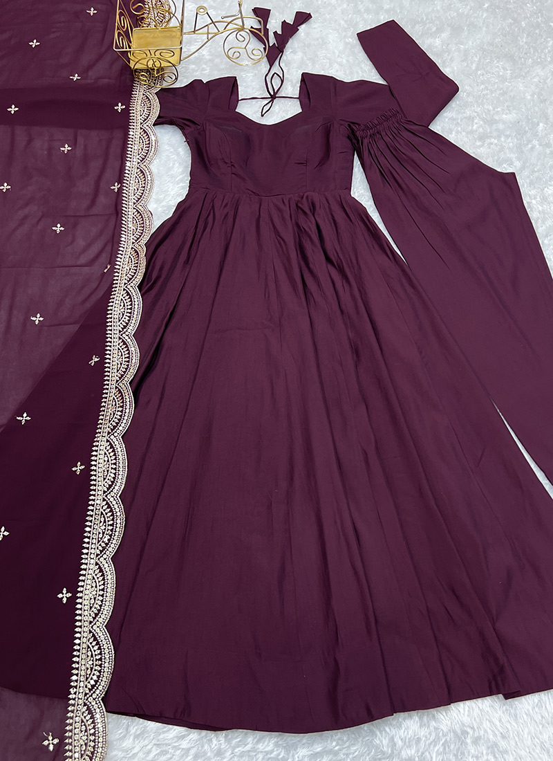 Shop Wine Roman Silk Chanderi Embroidered Sequins Anarkali Suit Festive ...