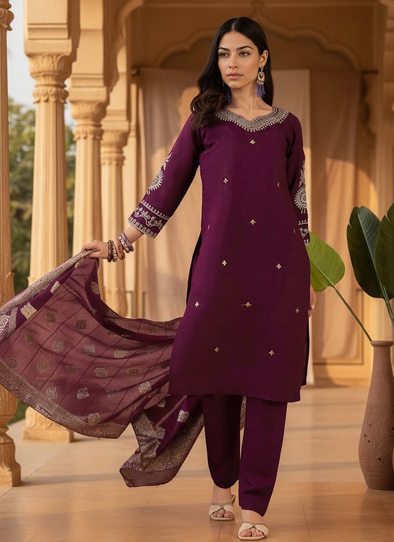 Wine Roman Silk Embroidered Straight Pant Suit With Jacquard Dupatta