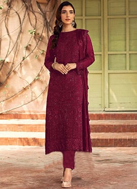 Wine Sequins Embroidered Pakistani Suit