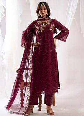 Wine Sequins Embroidered Pakistani Suit