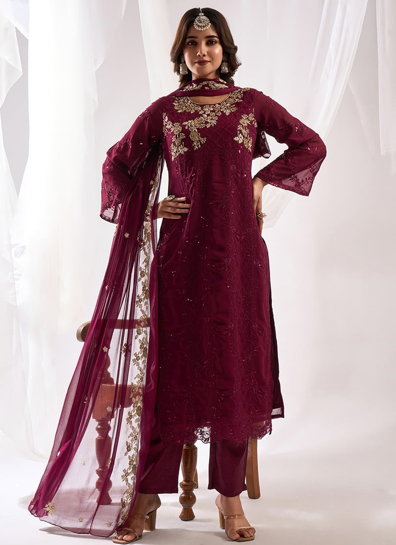 Wine Sequins Embroidered Pakistani Suit Party Wear