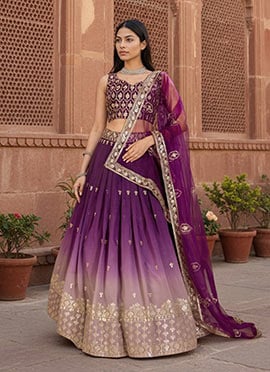 Wine Shimmer Silk Zari Embroidered Sequins Lehenga