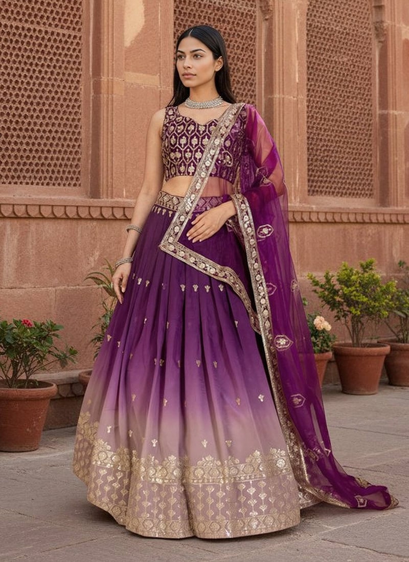 Wine Shimmer Silk Zari Embroidered Sequins Lehenga