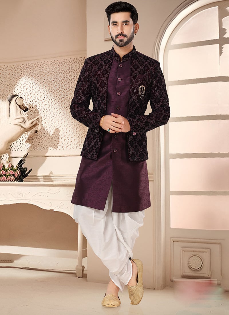 Wine Silk Classic Sherwani Jacquard Zari Embroidered Sequins Jacket Dhoti Style Pants
