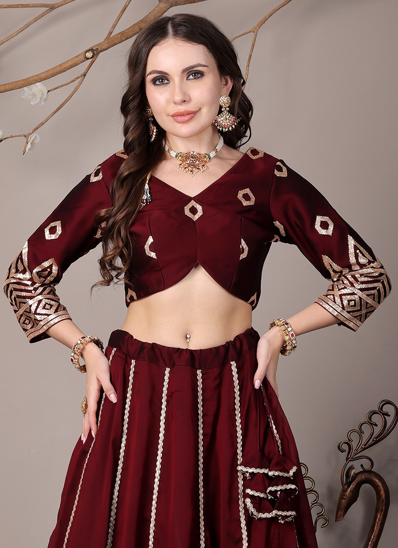 Wine Silk Embroidered Blouse Party Wear
