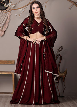 Wine Silk Embroidered Kali Style Lehenga