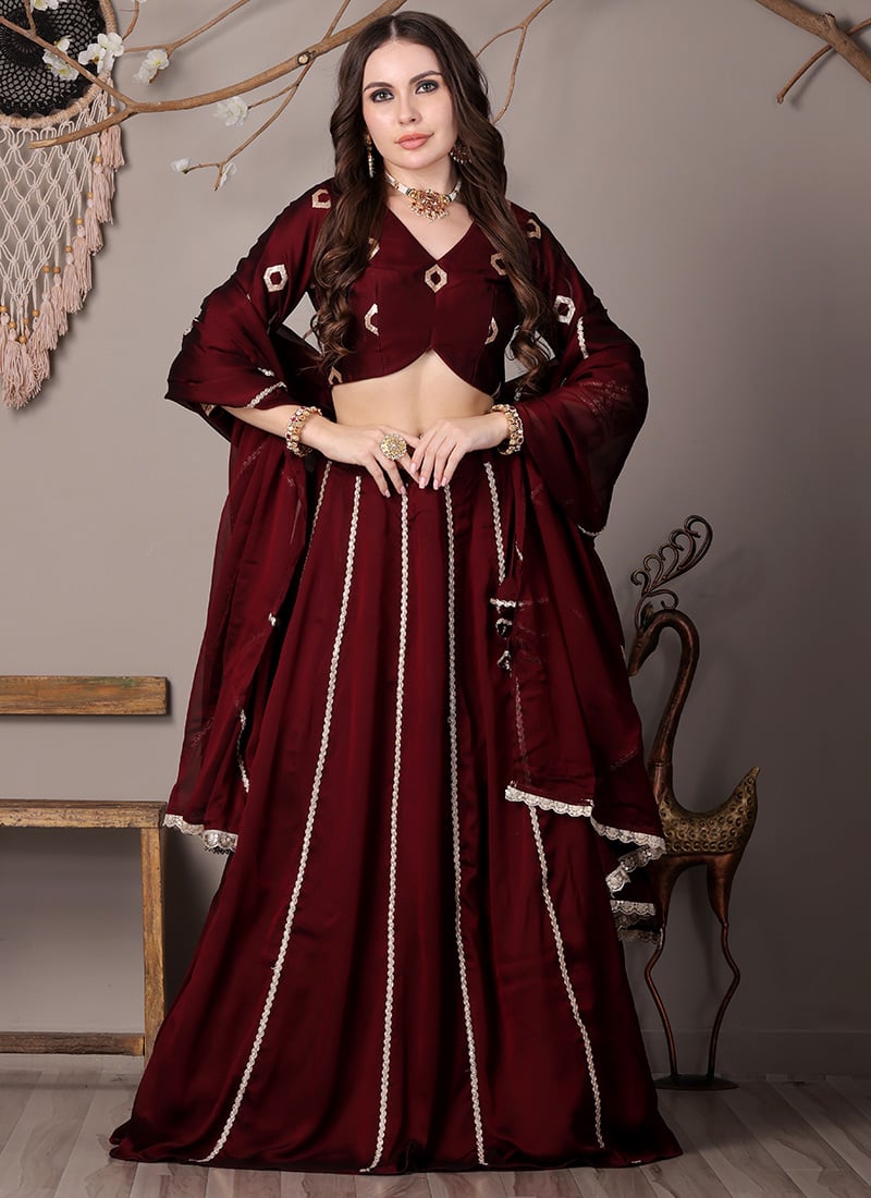 Wine Silk Embroidered Kali Style Lehenga