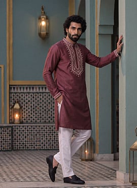 Wine Silk Embroidered Kurta Pyjama For Men