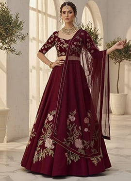 Wine Silk Resham Work Lehenga