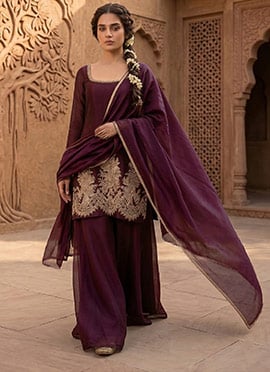 Wine Silk Zari Sequins Palazzo Suit