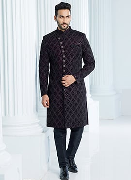 Wine Velvet Embroidered Indowestern Sherwani