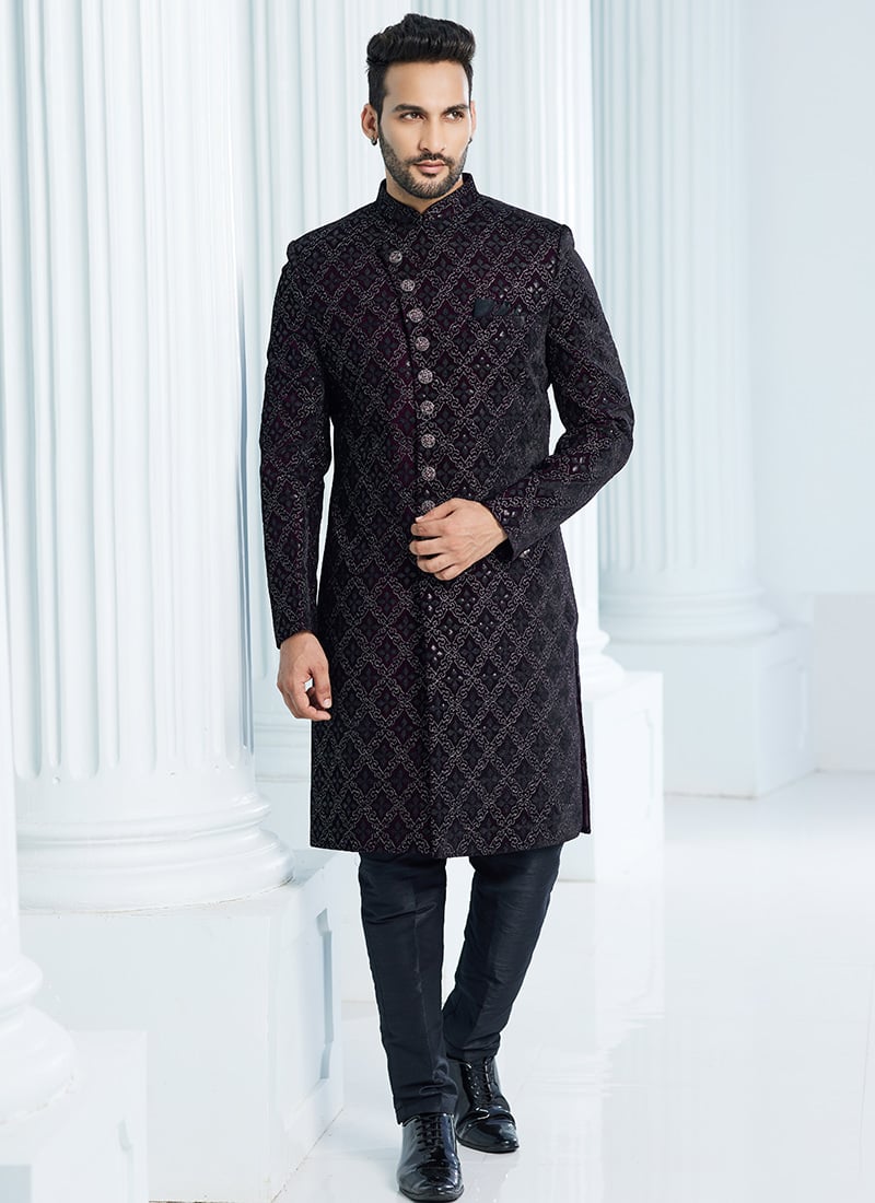 Wine Velvet Embroidered Indowestern Sherwani Wedding Wear