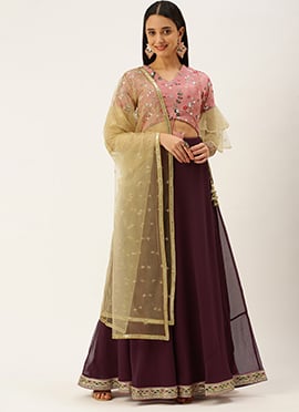 Wine Viscose Embroidered Pink Lehenga