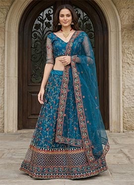 Women Embroidered Blue Net A Line Lehenga With Matching Choli And Dupatta