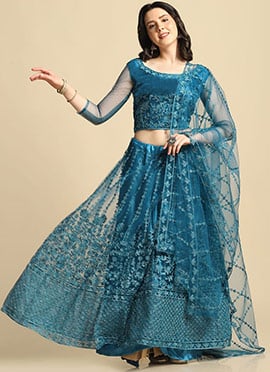 Women Embroidered Blue Net A Line Lehenga With Matching Choli And Dupatta