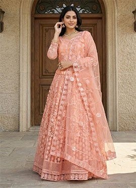 Women Embroidered Peach Net A Line Lehenga With Matching Choli And Dupatta