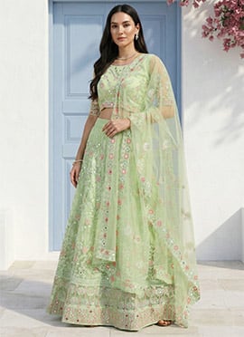 Women Embroidered Pista Green Net A Line Lehenga With Choli And Dupatta