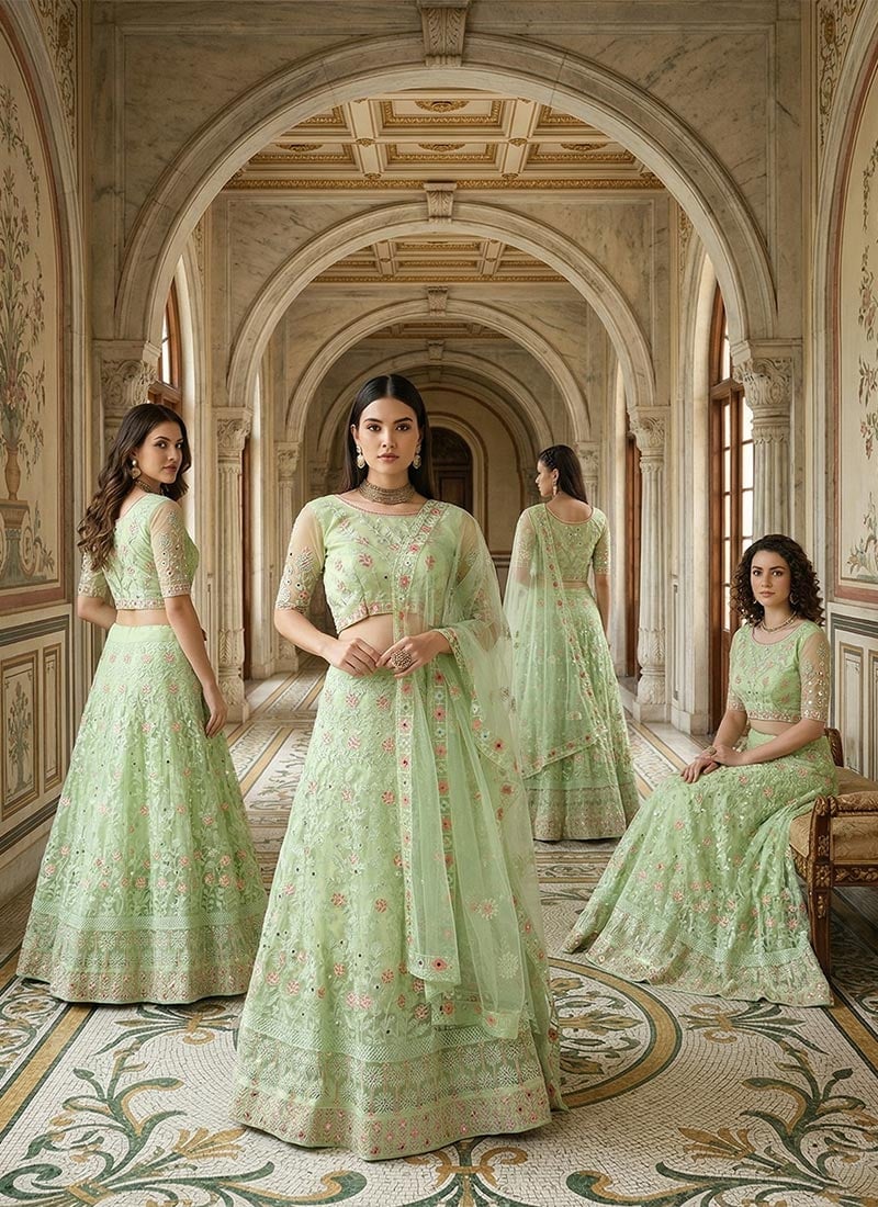pista green dress for women Women's Pista Green Vichitra Silk Rich Embroidered Zari & Thread Work Gown Set Green / L