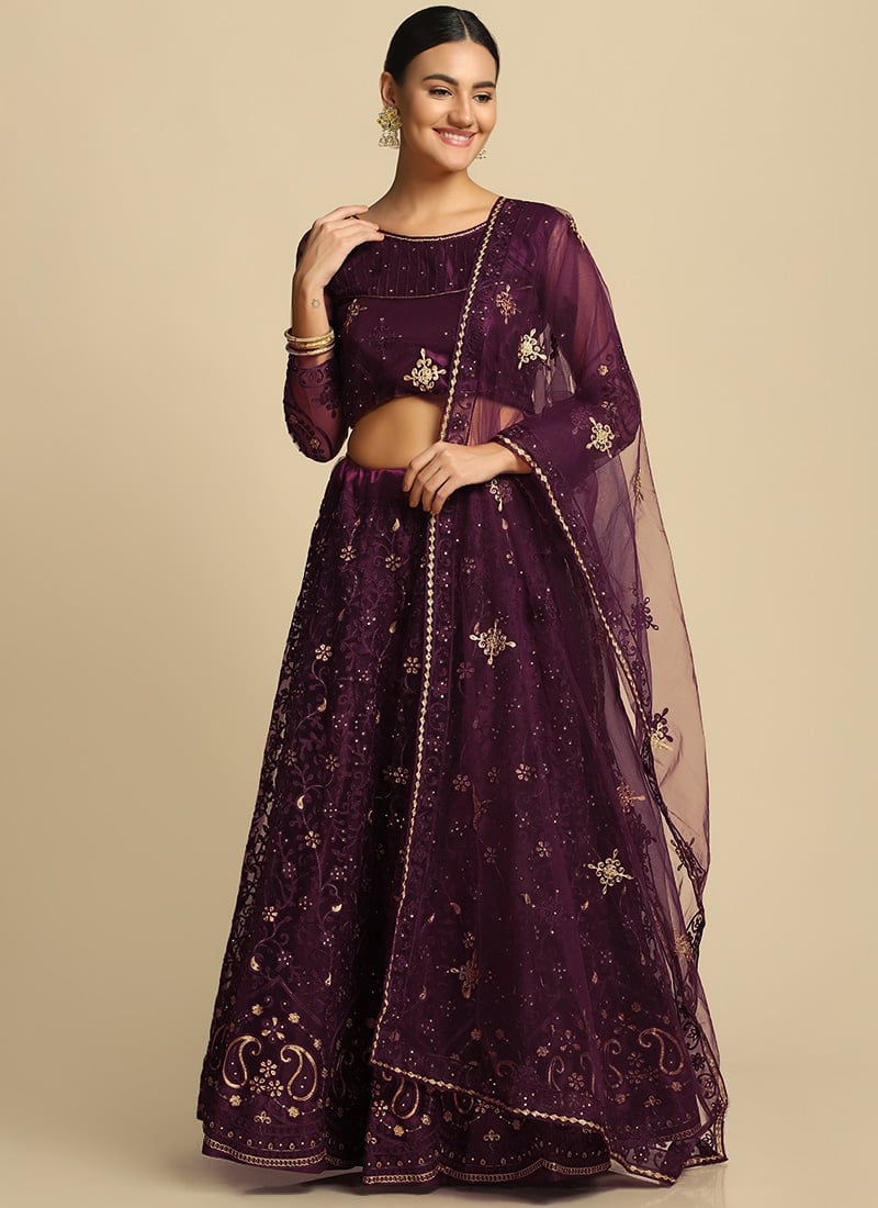 Women Embroidered Purple Net A Line Lehenga With Matching Choli And Dupatta Party Wear