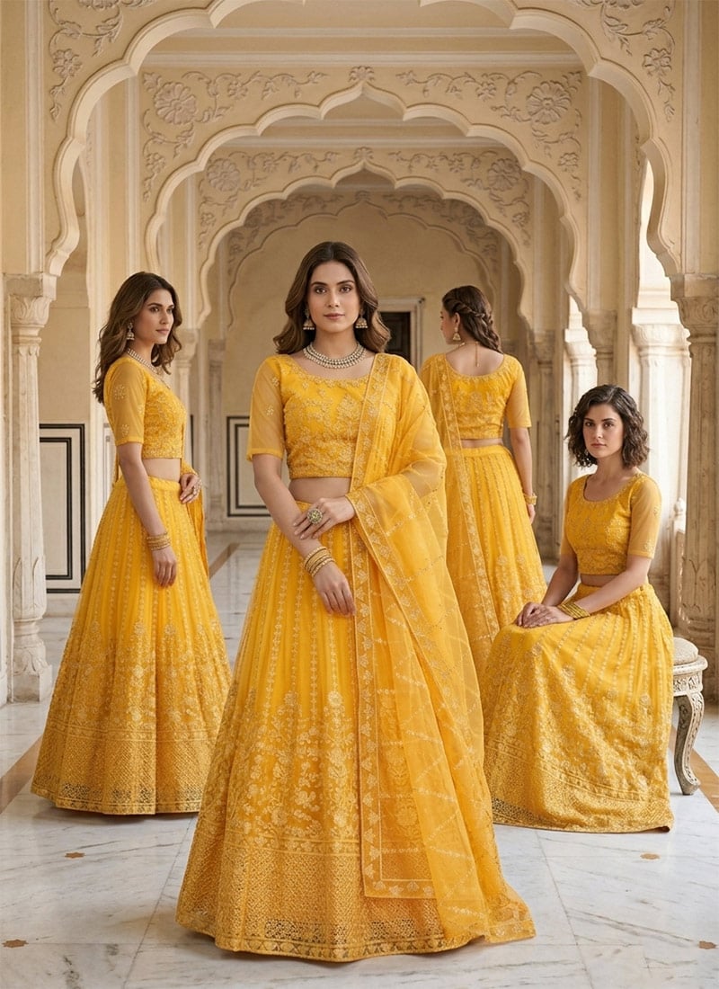 Women Embroidered Yellow Net A Line Lehenga With Matching Choli And Dupatta Party Wear