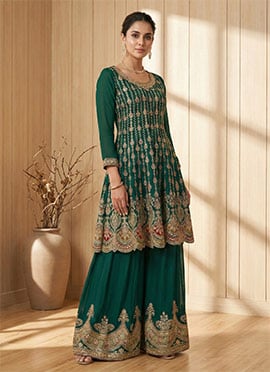 Women Green Georgette Embroidered Sequins Palazzo Suits And Dupatta