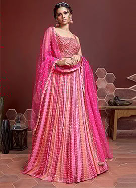 Women Umbrella Lehenga Pink Silk Bandhini Leheriya Print Zari Sequins