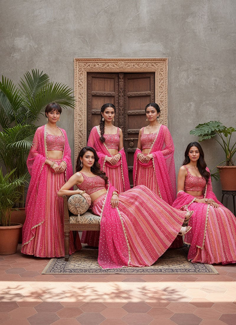 Women Umbrella Lehenga Pink Silk Bandhini Leheriya Print Zari Sequins