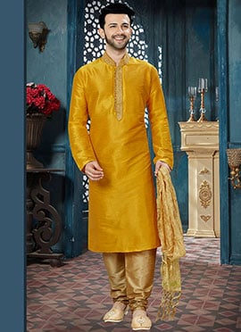 Yellow Art Dupion Silk Embroidered Kurta Pyjama