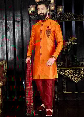 Yellow Art Dupion Silk Indo western kurta Pyjama