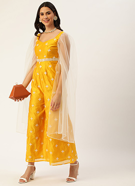 Yellow Art Silk Embroidered Jumpsuit